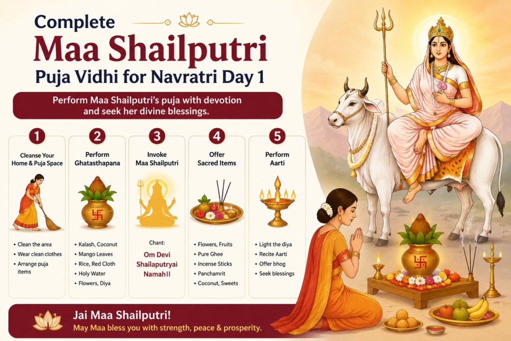 Complete Maa Shailputri Puja Vidhi for Navratri Day 1 with Ghatasthapana, puja samagri, mantra, offerings and aarti steps.