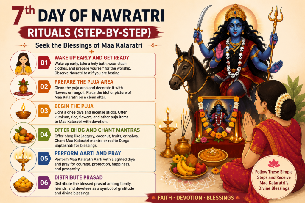 7th Day of Navratri Rituals step-by-step guide with Maa Kalaratri and a devotee performing puja during Navratri 2026.