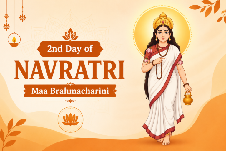 2nd Day of Navratri Maa Brahmacharini illustration with devotional design and goddess holding a rosary and kamandalu