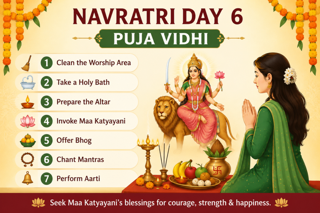 Navratri Day 6 Puja Vidhi is featuring Maa Katyayani Puja, an animated Bhagwati Devotee offering Puja and seven simple steps of Navratri Puja to perform sacred Puja.