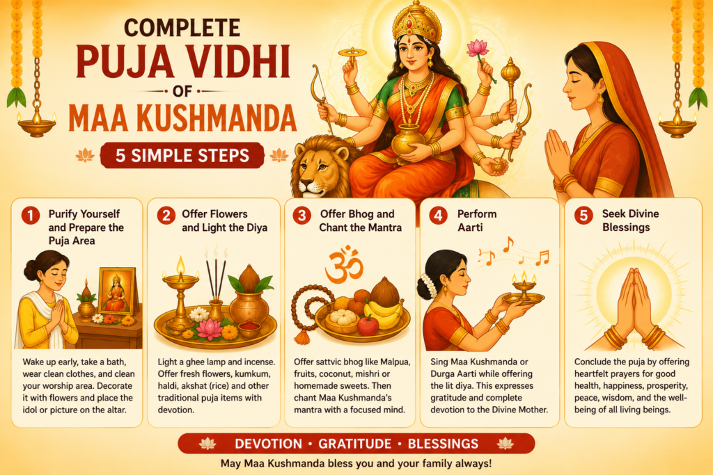 Complete Puja Vidhi of Maa Kushmanda with a devotee performing Navratri Day 4 worship step by step
