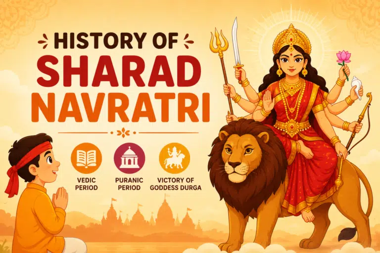 Illustration of the history of Sharad Navratri featuring Goddess Durga riding a lion, a praying devotee, and symbols representing the Vedic and Puranic periods.