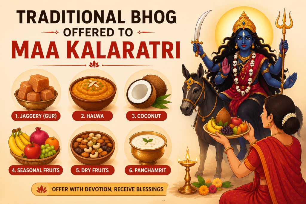 Traditional Bhog Offered to Maa Kalaratri including jaggery, halwa, coconut, fruits, dry fruits, and Panchamrit during the 7th Day of Navratri.
