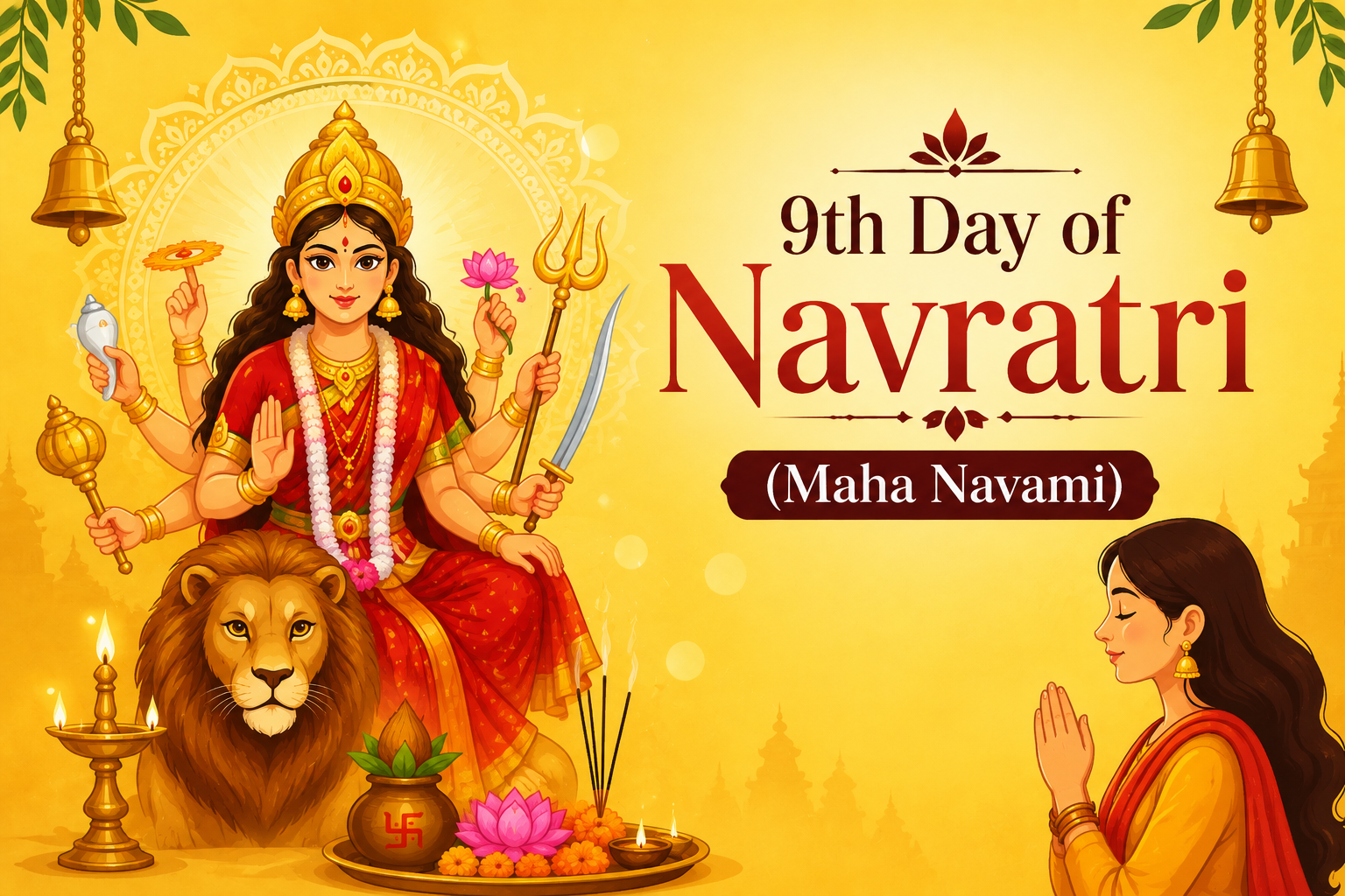 9th Day of Navratri Maha Navami with Goddess Durga and devotee praying