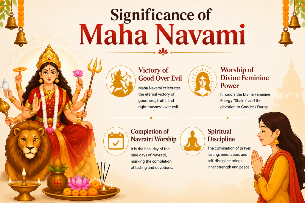 Significance of Maha Navami with Goddess Durga, prayer, and Navratri worship symbols