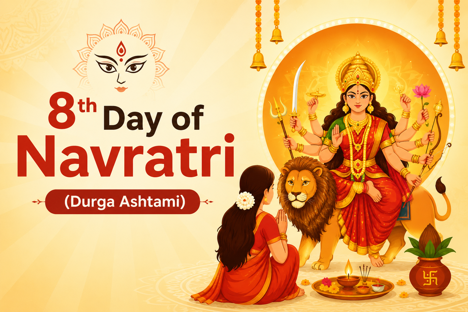8th Day of Navratri (Durga Ashtami) illustration featuring Goddess Durga on a lion with a devotee praying during the sacred Hindu festival.