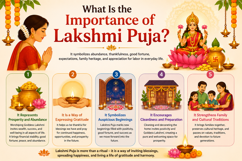 Importance of Lakshmi Puja with Goddess Lakshmi, prosperity, gratitude, and family traditions