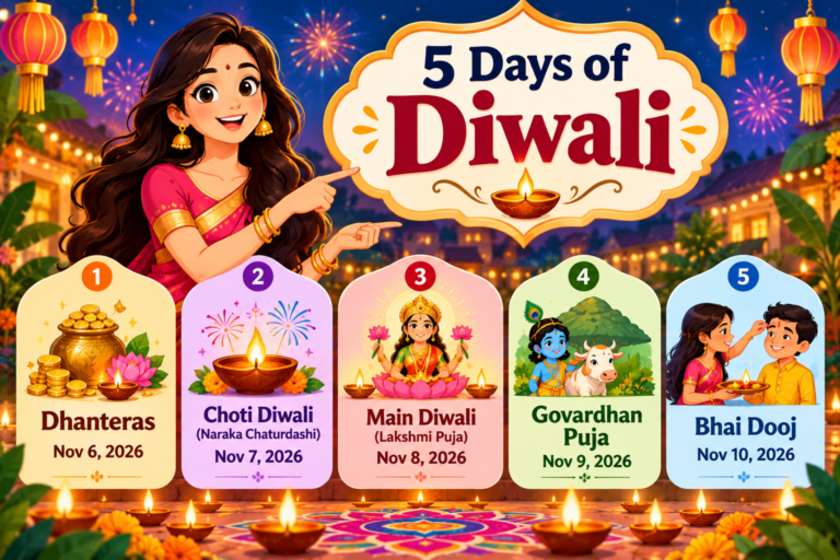 5 Days of Diwali 2026 with Dhanteras, Choti Diwali, Lakshmi Puja, Govardhan Puja and Bhai Dooj
