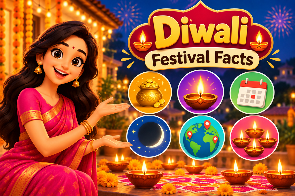 Diwali Festival Facts infographic with animated woman, diya, lunar calendar, moon, global celebrations, and festive lights