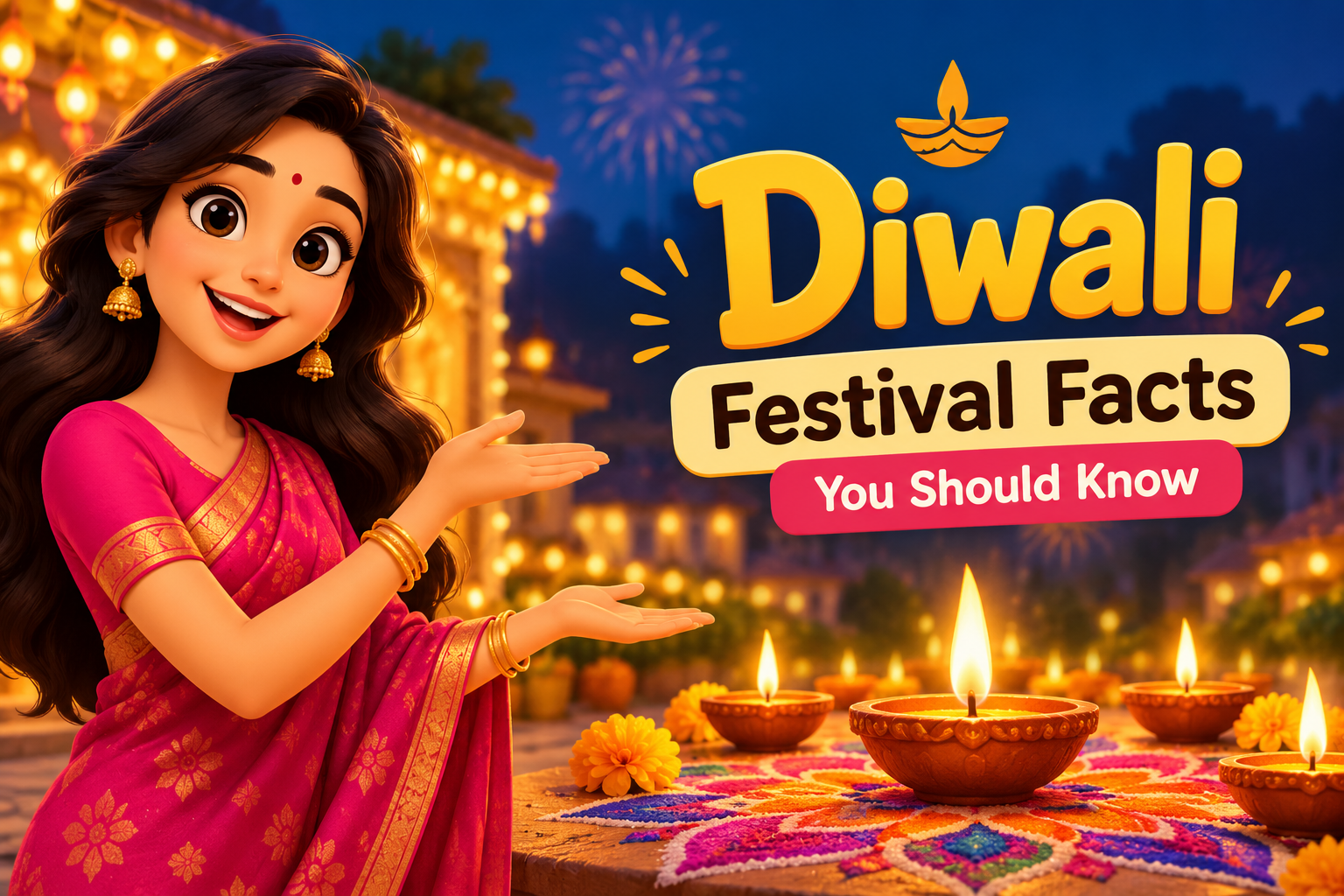 Diwali Festival Facts with animated woman, glowing diyas, rangoli, festive lights, and fireworks