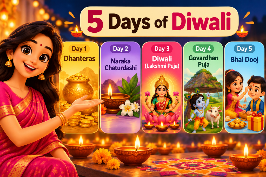 Five days of Diwali infographic showing Dhanteras, Naraka Chaturdashi, Diwali Lakshmi Puja, Govardhan Puja, and Bhai Dooj