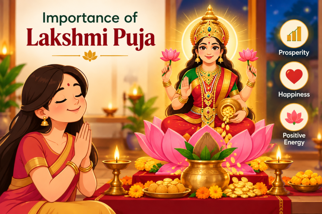 Importance of Lakshmi Puja with Goddess Lakshmi blessing devotees during Diwali
