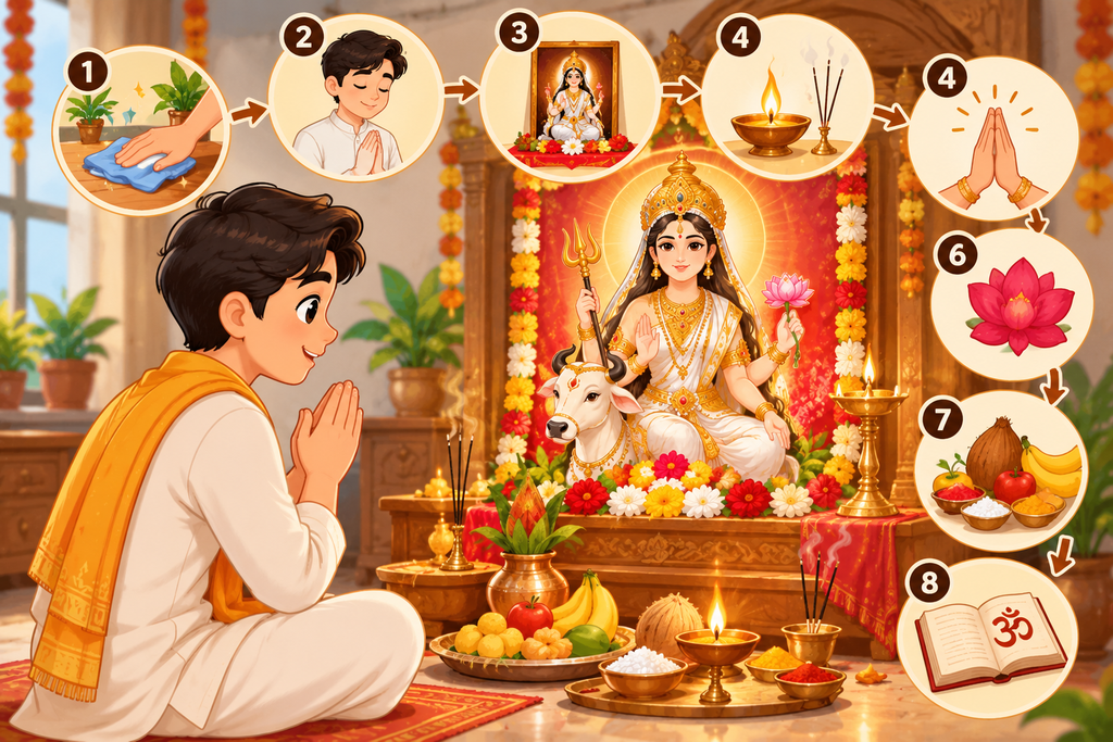 Durga Ashtami Puja Vidhi at home with Maa Mahagauri and step-by-step worship rituals