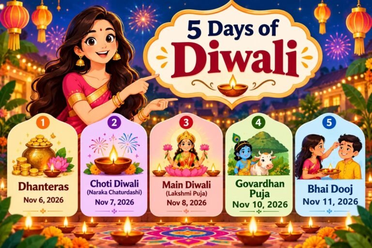 5 days of Diwali 2026: Dhanteras 6 Nov, Choti Diwali 7 Nov, Lakshmi Puja 8 Nov, Govardhan Puja 10 Nov, Bhai Dooj 11 Nov